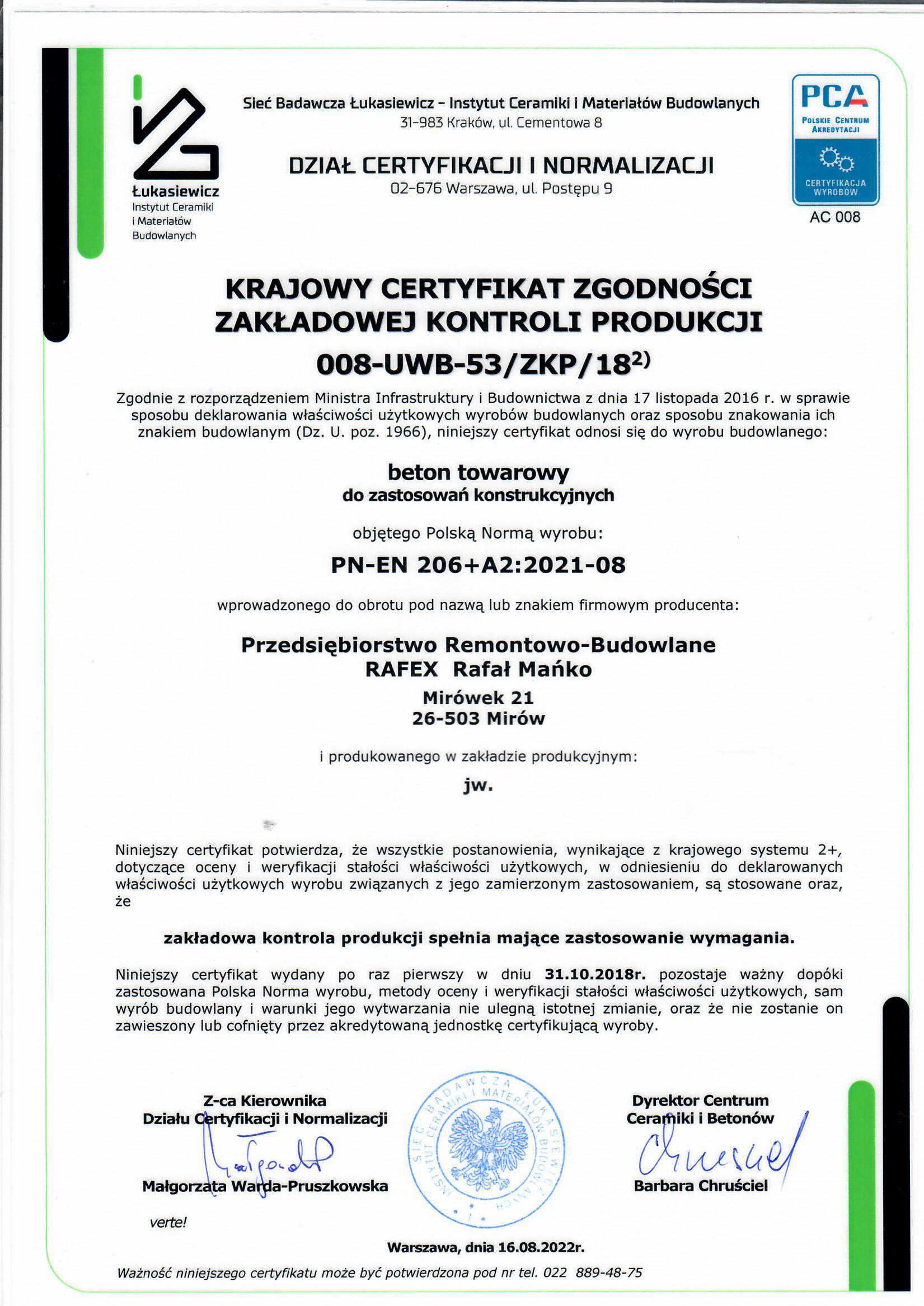 Certyfikat dla betonu - PN-EN 206+A1:2016-12