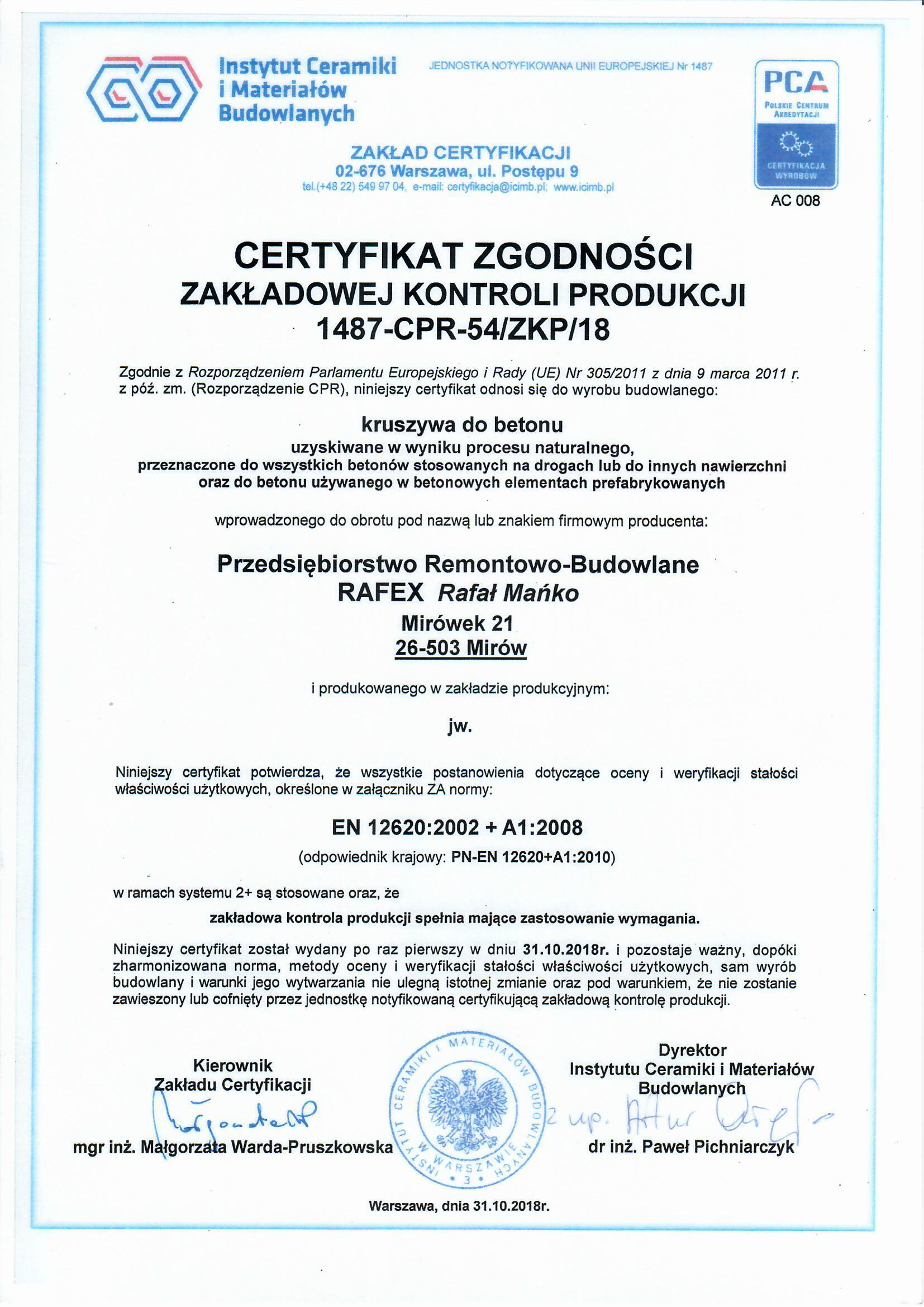 Certyfikat dla kruszywa - EN 12620:2002 + A1:2008