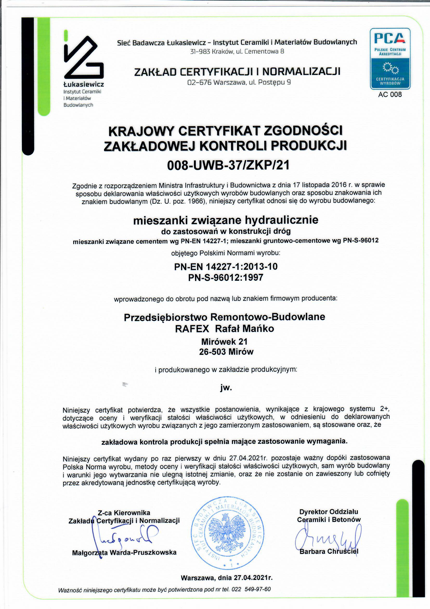 Certyfikat dla mieszanki związane hydraulicznie 